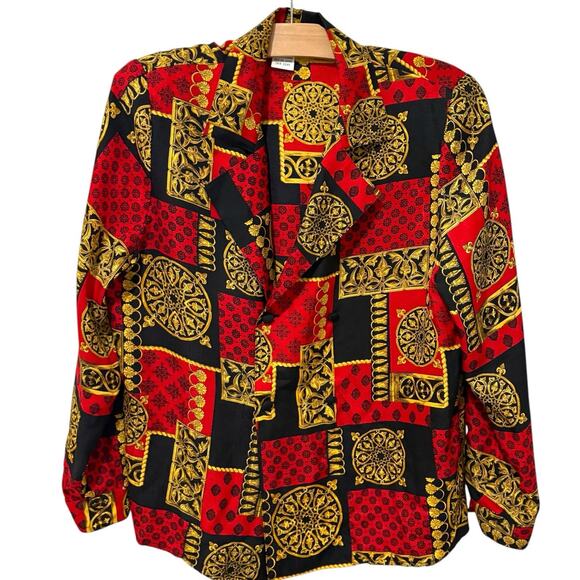 Talbots | Vintage Top Red Black Silk Long Sleeve Asian Inspired- Size 12 - Picture 1 of 9
